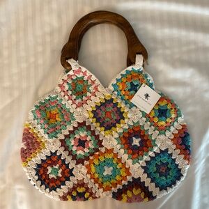 Crochet Handbag with Real Wood Handles